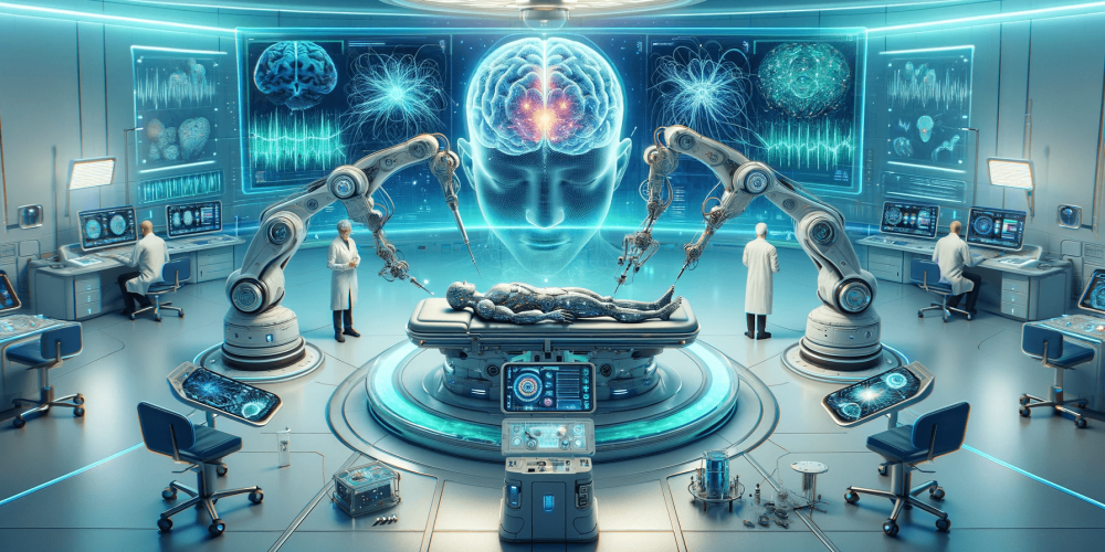 DALL·E 2024-01-30 10.57.14 - A widescreen image representing the milestone achievement of Neuralink's first human brain implant. The image features a futuristic laboratory setting
