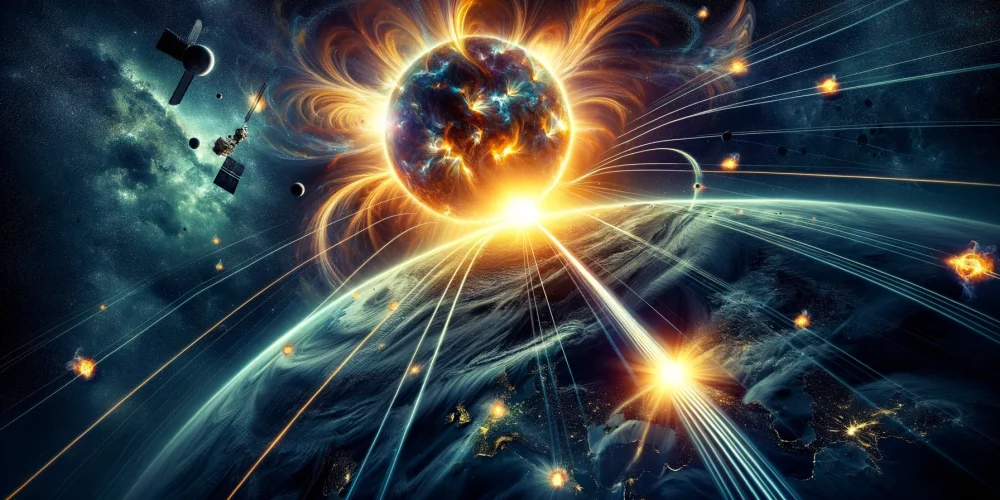 DALL·E 2024-02-07 14.58.45 - Create a widescreen image depicting a dramatic visualization of a solar flare impacting Earth, highlighting the significance of solar activity monitor