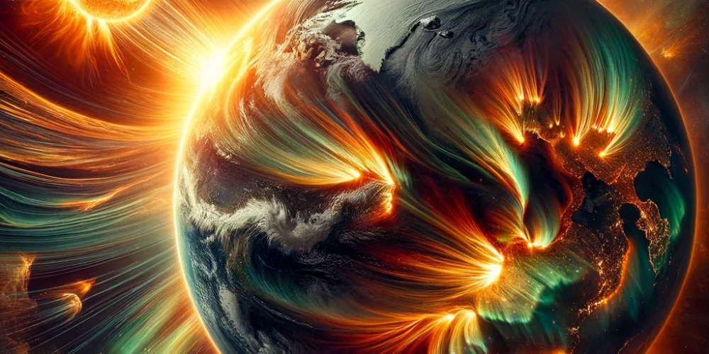 DALL·E 2024-03-26 10.26.32 - Create a more intense and dramatic image depicting a solar storm impacting Earth, highlighting an alarming perspective. The Sun should be depicted in