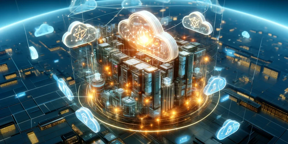 DALL·E 2024-04-23 15.55.55 - A digital art representation of Kubernetes and AWS EKS for large-scale application development in a wide format. The scene shows a modern cloud comput