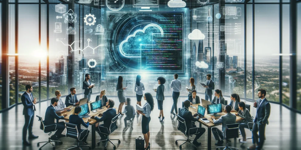 DALL·E 2024-05-02 10.45.38 - A digital transformation themed image representing Infrastructure as Code (IaC) in a business environment. The image features a diverse team of IT pro