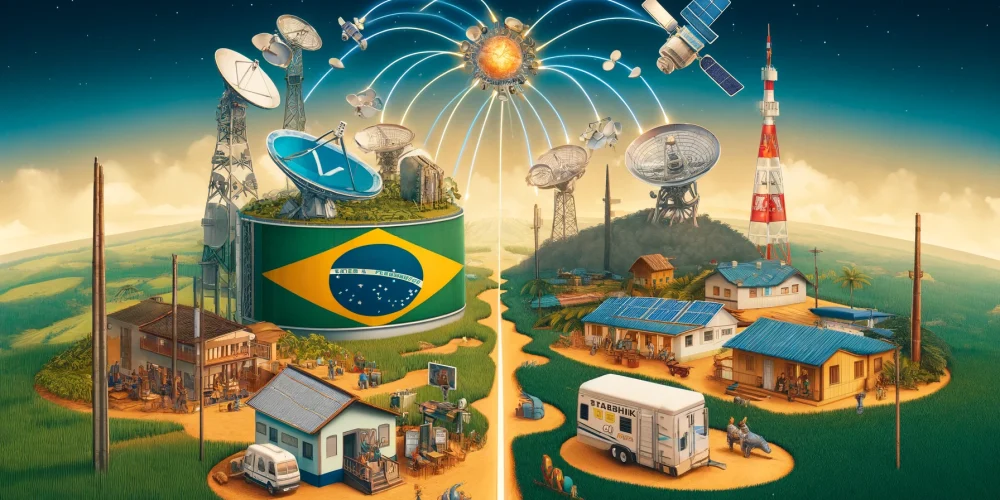 DALL·E 2024-05-27 14.50.46 - An image showing a comparison between Telebras and Starlink providing internet via satellite in remote areas. On the left side, show Telebras with a B
